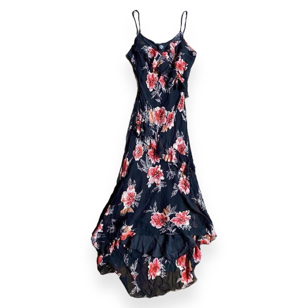 90s Boho Whimsygoth Black and Pink Floral Sleeveless Maxi Dress Sequin Details